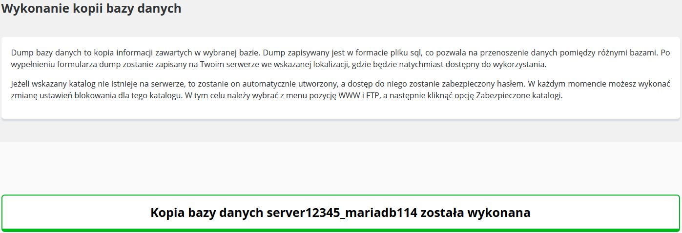CloudHosting Panel bazy danych wykonanie kopii potwierdzenie