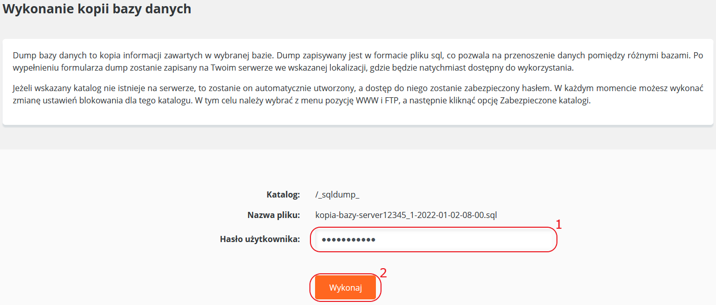 CloudHosting Panel bazy danych wykonaj kopie bazy