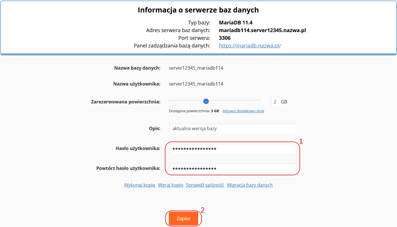 CloudHosting Panel bazy danych zmiana hasla mariadb