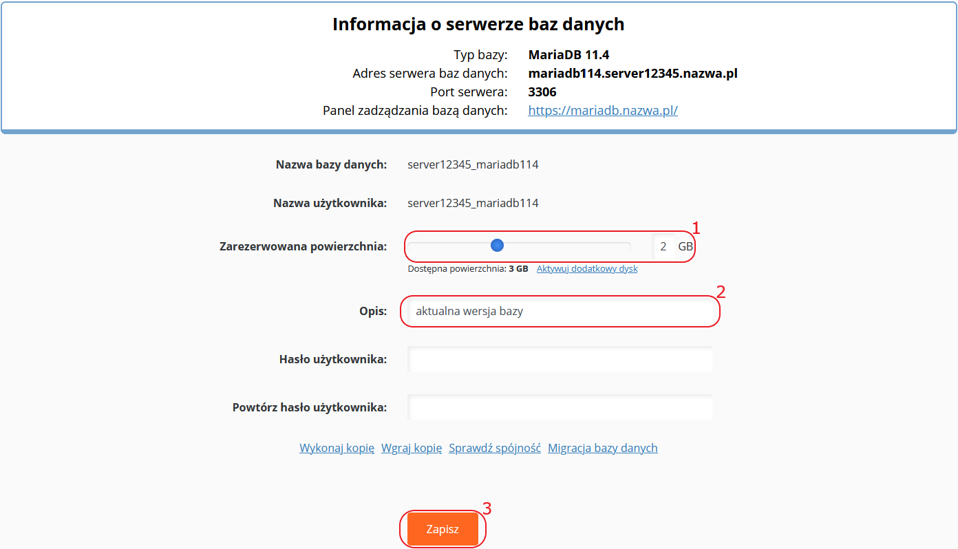 CloudHosting Panel bazy danych zmiana rozmiaru i opisu bazy