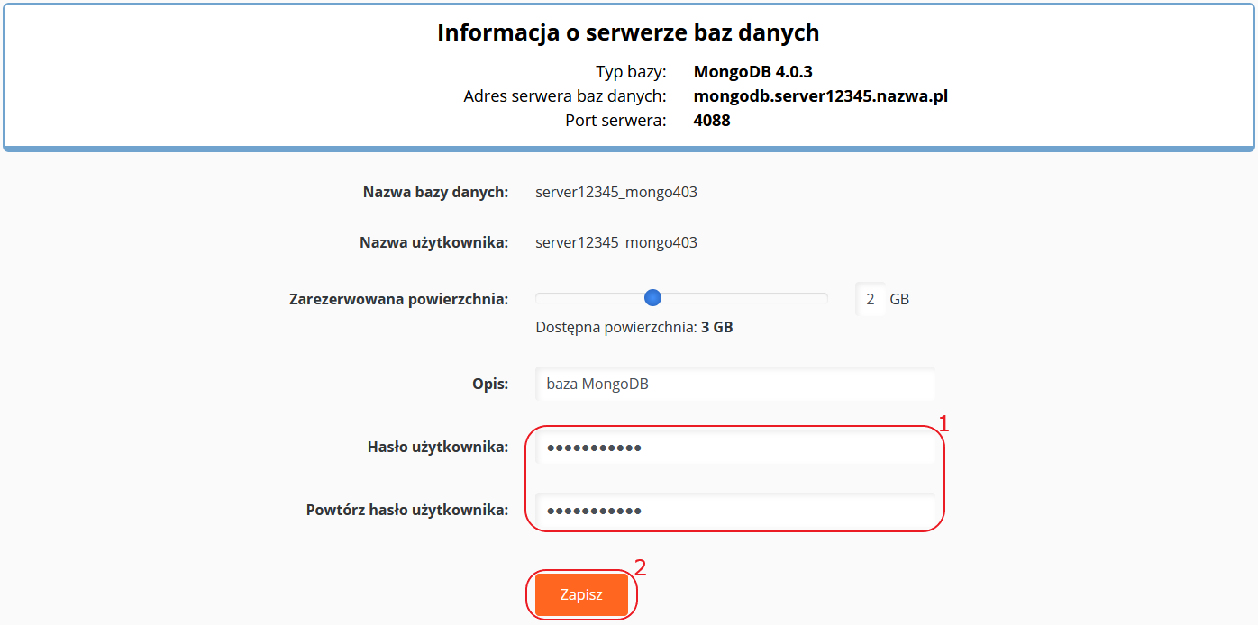 CloudHosting Panel bazy danych zmiana hasla mongodb