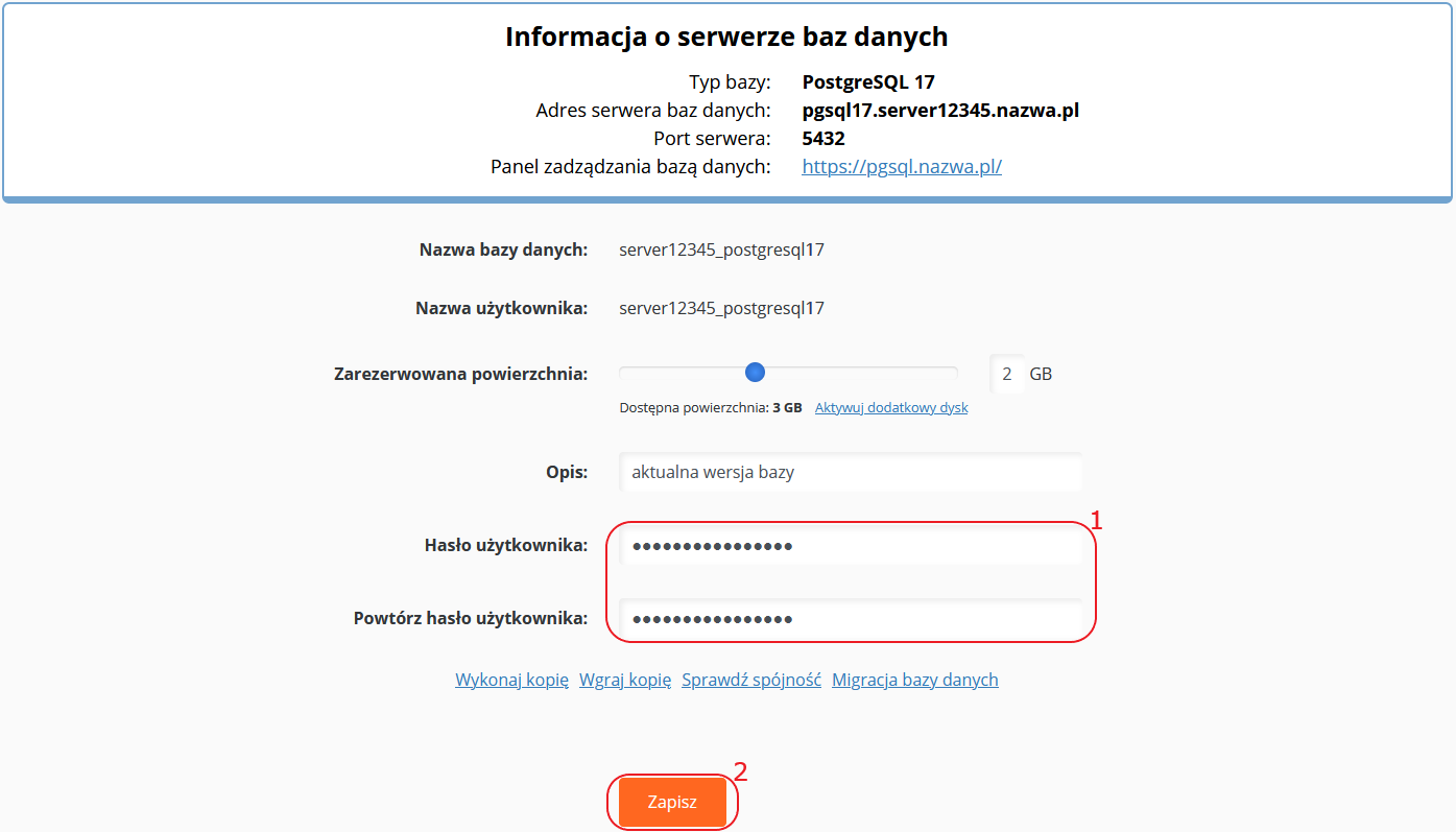 CloudHosting Panel bazy danych zmiana hasla postgresql