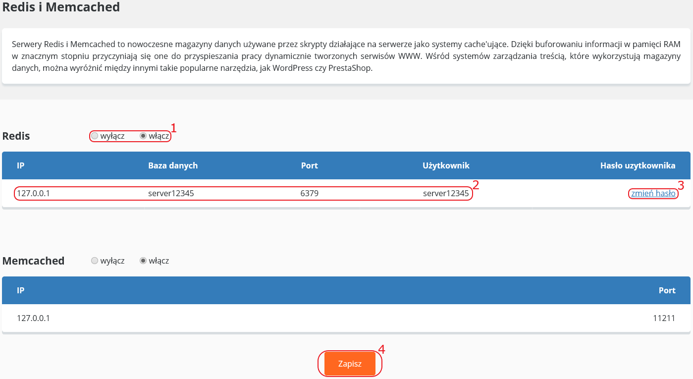 CloudHosting Panel bazy danych redis dane