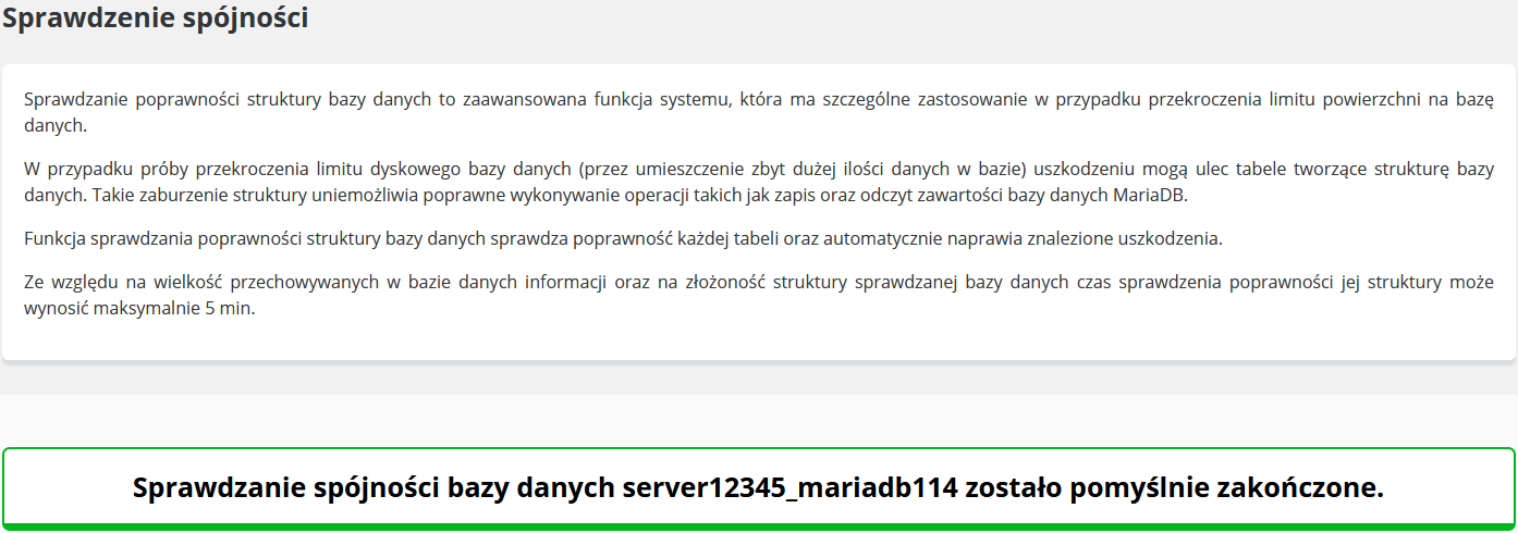 CloudHosting Panel bazy danych sprawdzenie spojnosci potwierdzenie