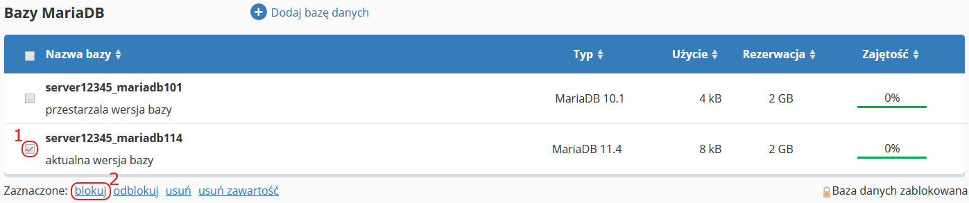 CloudHosting Panel bazy danych mariadb blokuj