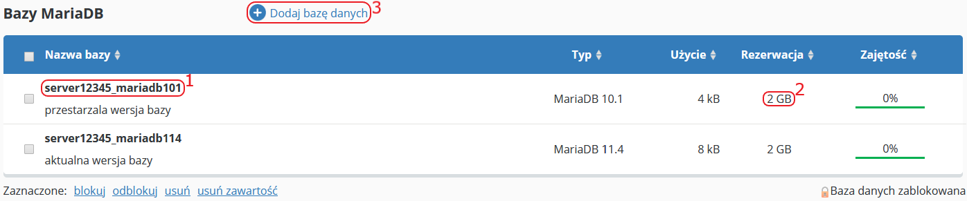 CloudHosting Panel bazy danych wykaz mariadb kliknij starsza baze