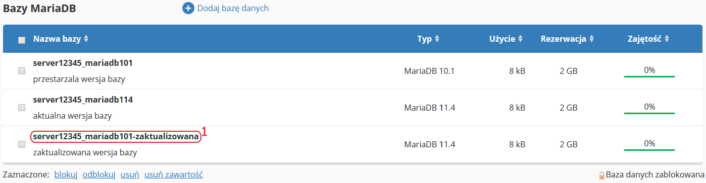 CloudHosting Panel bazy danych wykaz kliknij zaktualizowana