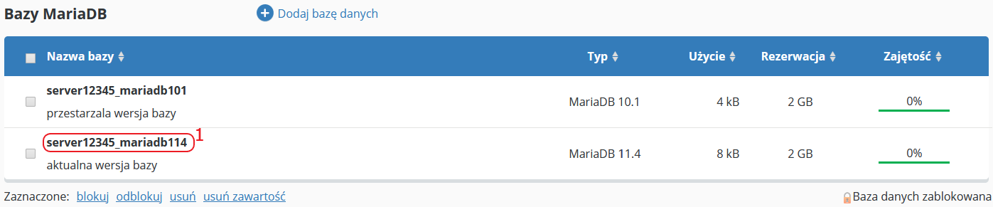 CloudHosting Panel bazy danych wykaz mariadb kliknij