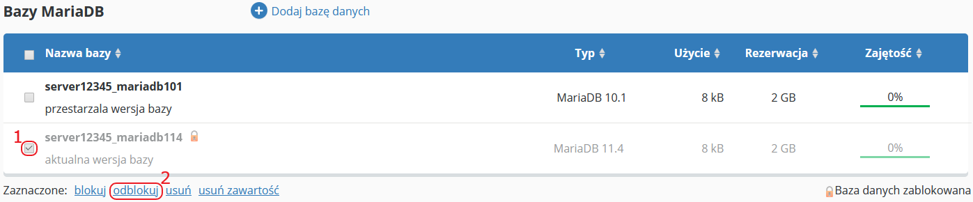 CloudHosting Panel bazy danych mariadb odblokuj