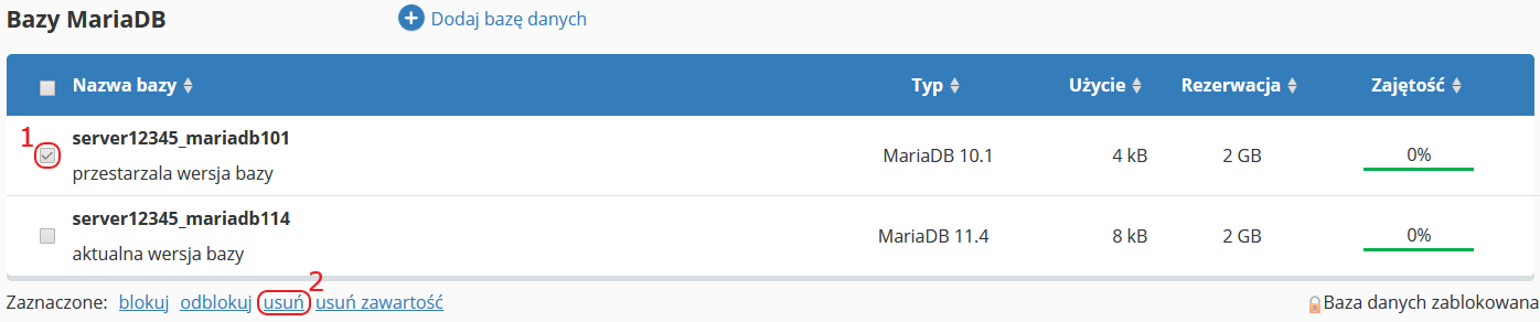 CloudHosting Panel bazy danych usun baze