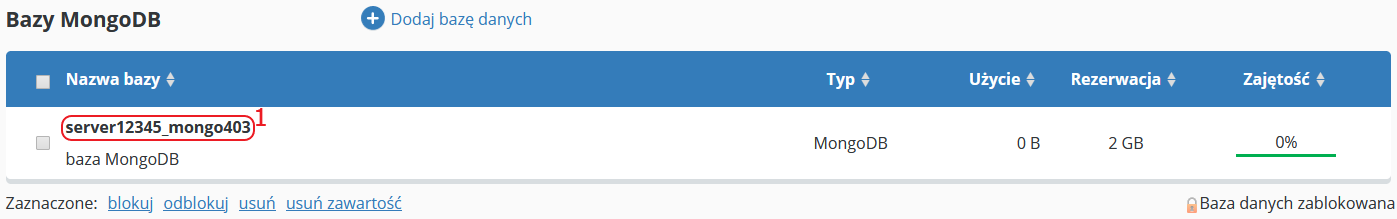 CloudHosting Panel bazy danych wykaz mongodb kliknij