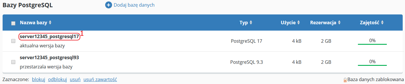 CloudHosting Panel bazy danych wykaz postgresql kliknij