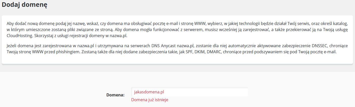 CloudHosting Panel dodaj domene blad