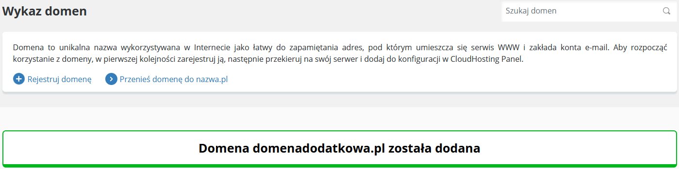 CloudHosting Panel domeny dodaj domene dodatkowa potwierdzenie