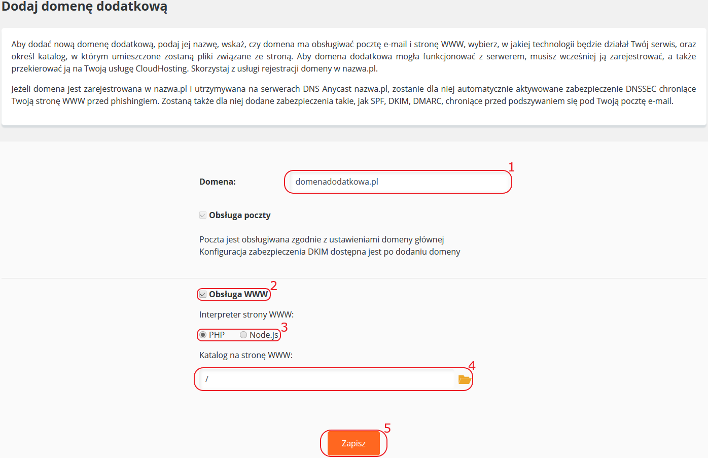 CloudHosting Panel dodaj domene dodatkowa