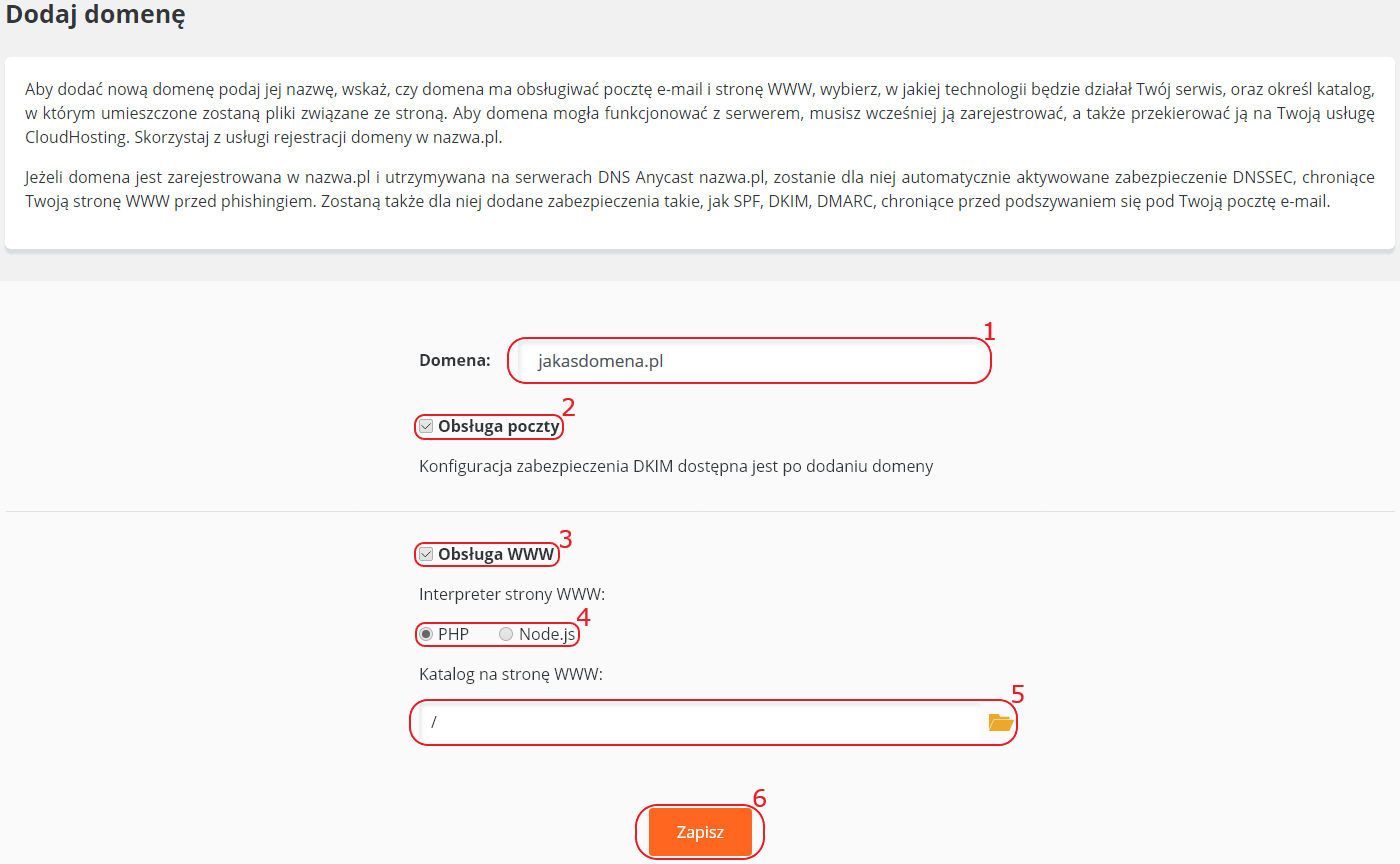 CloudHosting Panel domeny dodaj domene