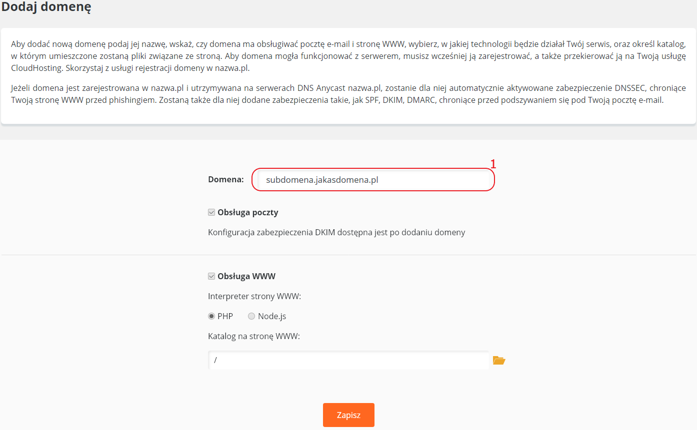 CloudHosting Panel domeny dodaj subdomene