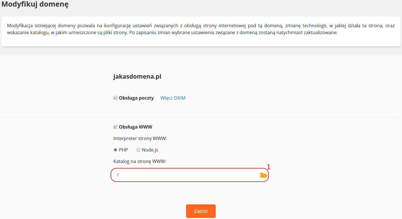 CloudHosting Panel domeny modyfikuj przekierowanie katalog