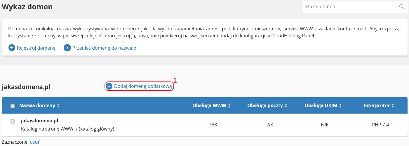 CloudHosting Panel domeny wykaz dodaj domene dodatkowa