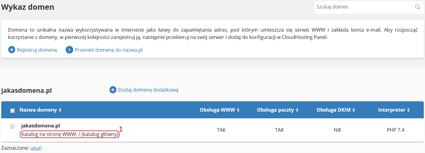 CloudHosting Panel domeny wykaz folder