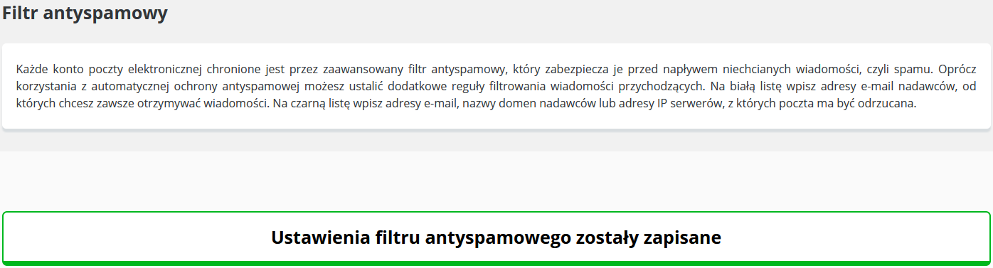 CloudHosting Panel filtr antyspamowy potwierdzenie