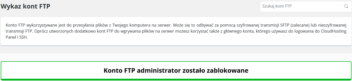 ClouHosting Panel ftp odblokuj potwierdzenie