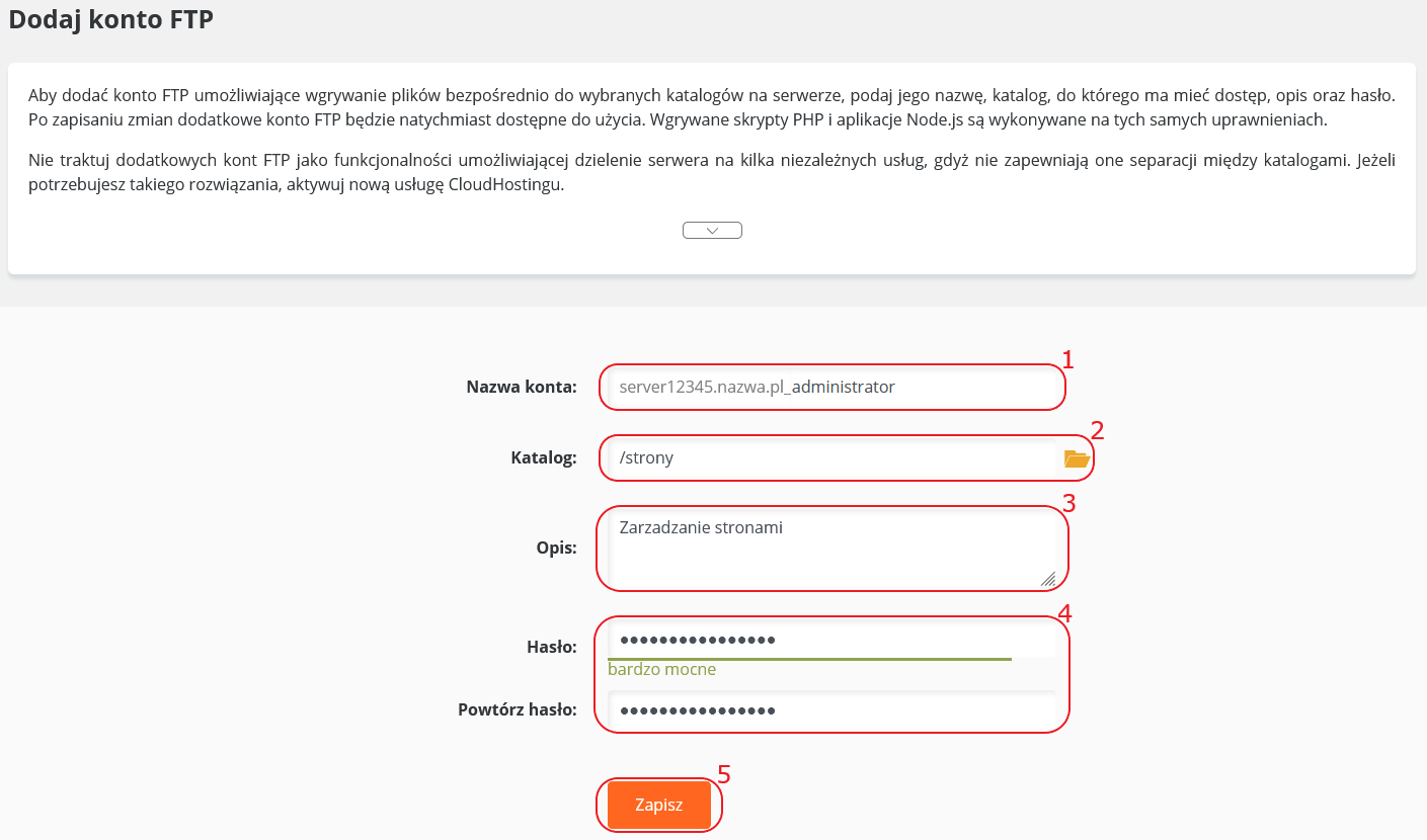 CloudHosting Panel dodawanie konta ftp formularz