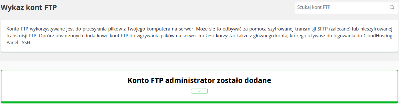 CloudHosting Panel dodanie konta ftp potwierdzenie