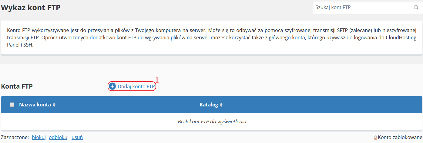 CloudHosting Panel dodaj konto ftp