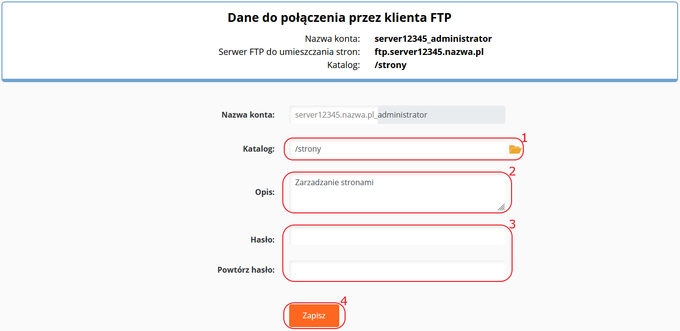 CloudHosting Panel modyfikacja konta ftp