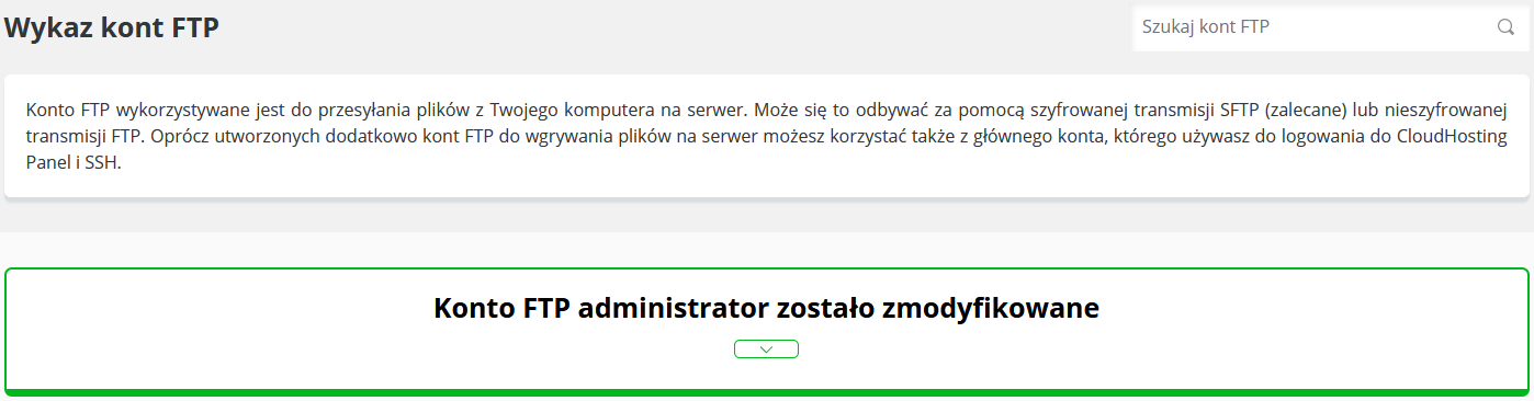 CloudHosting Panel modyfikacja konta ftp potwierdzenie