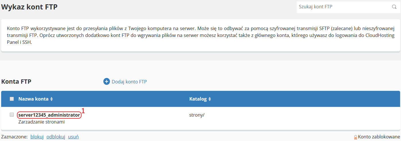 CloudHosting Panel wykaz kont ftp kliknij