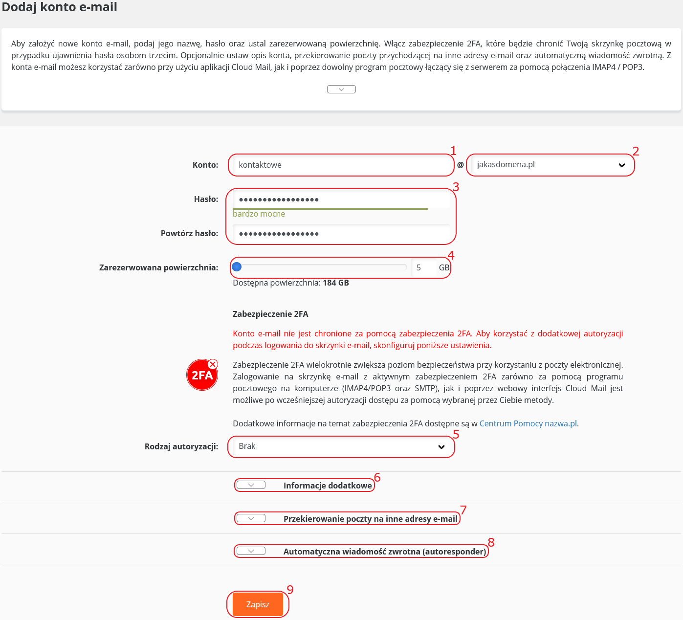 CloudHosting Panel konto e-mail dodawanie formularz