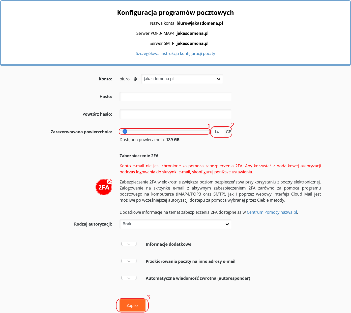 CloudHosting Panel konto e-mail zmien rozmiar