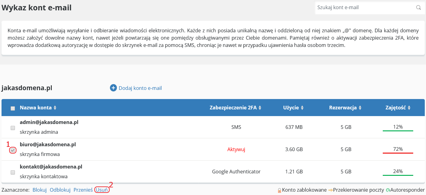 CloudHosting Panel konto e-mail usun