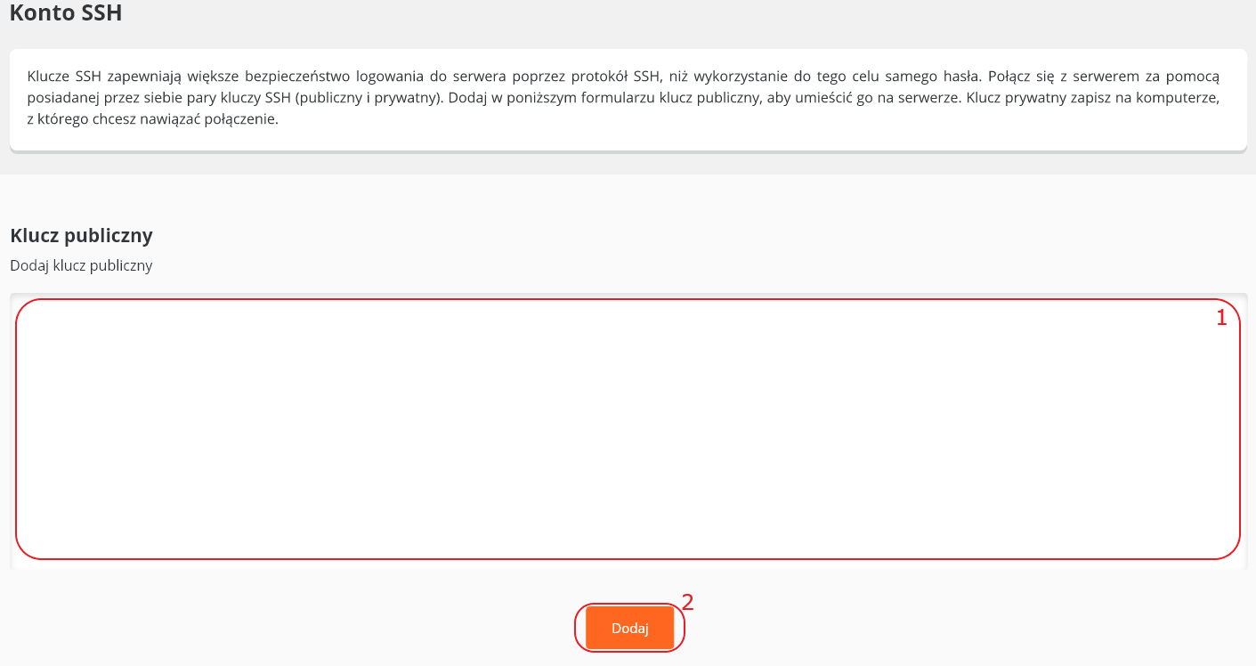 CloudHosting Panel Konto SSH dodaj klucz