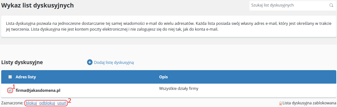 CloudHosting Panel lista dyskusyjna blokuj