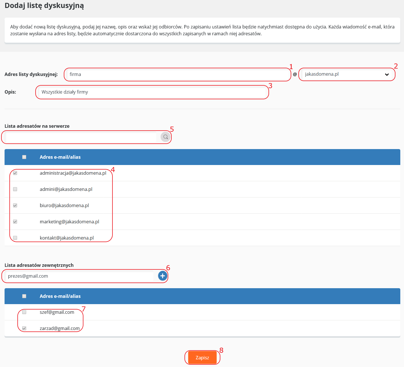 CloudHosting Panel lista dyskusyjna dodaj dane