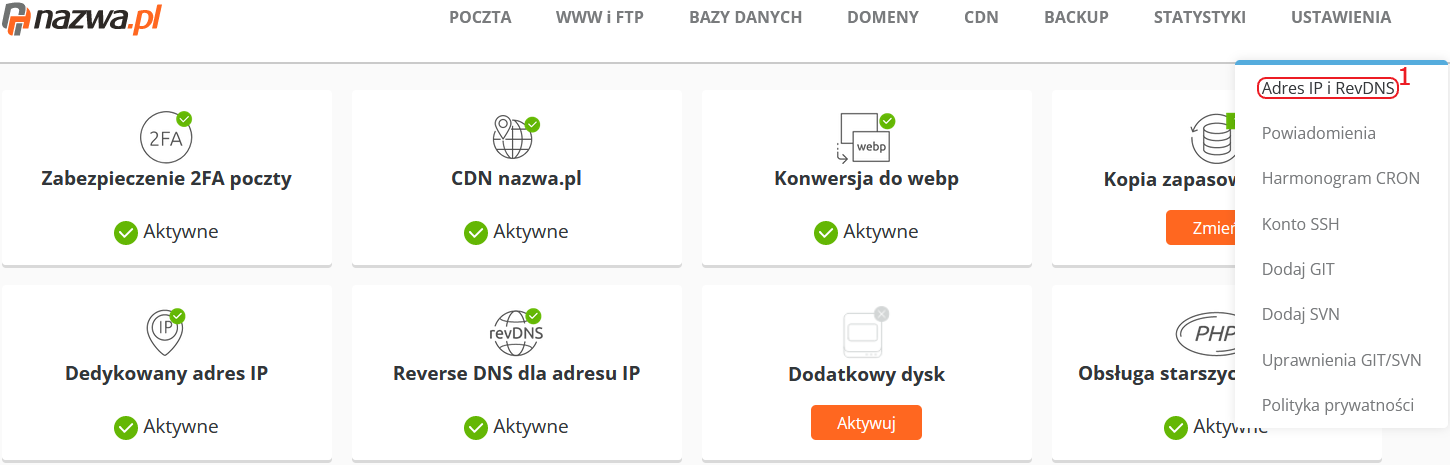 CloudHosting Panel menu ustawienia adres IP i RevDNS