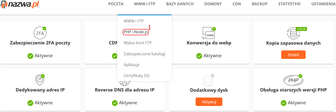 CloudHosting Panel menu php i node.js