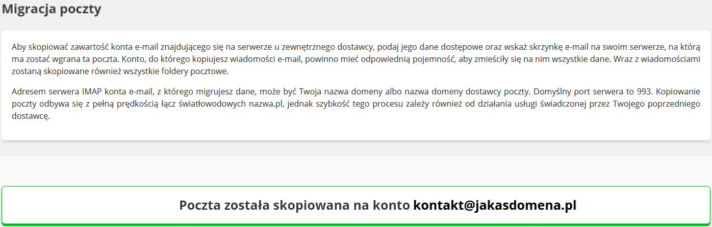 CloudHosting Panel migracia poczty udana