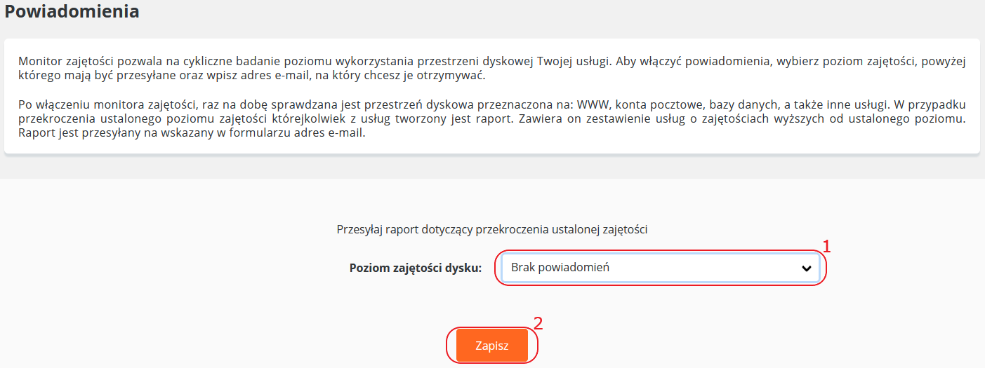 CloudHosting Panel powiadomienia wylacz