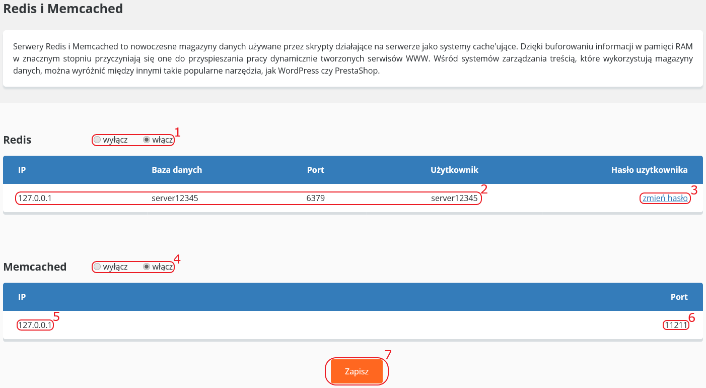 CloudHosting Panel redis i memcached dane