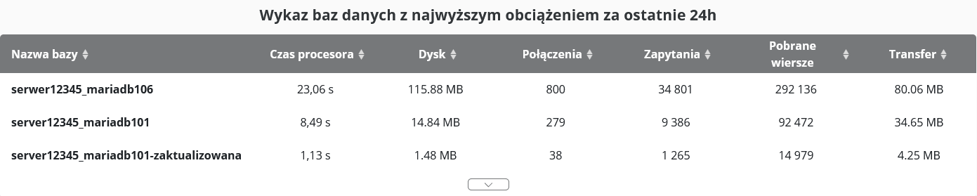 CloudHosting Panel statystyki obciazenie baz danych wykaz