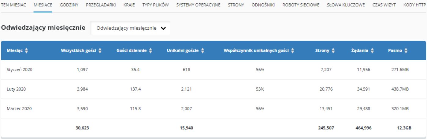 CloudHosting Panel statystyki www miesiace