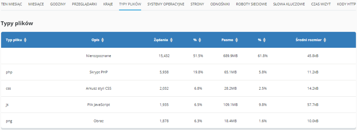 CloudHosting Panel statystyki www typy plikow