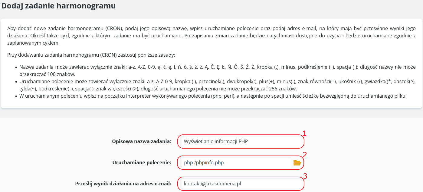 CloudHosting panel ustawienia cron dodaj zadanie polecenie