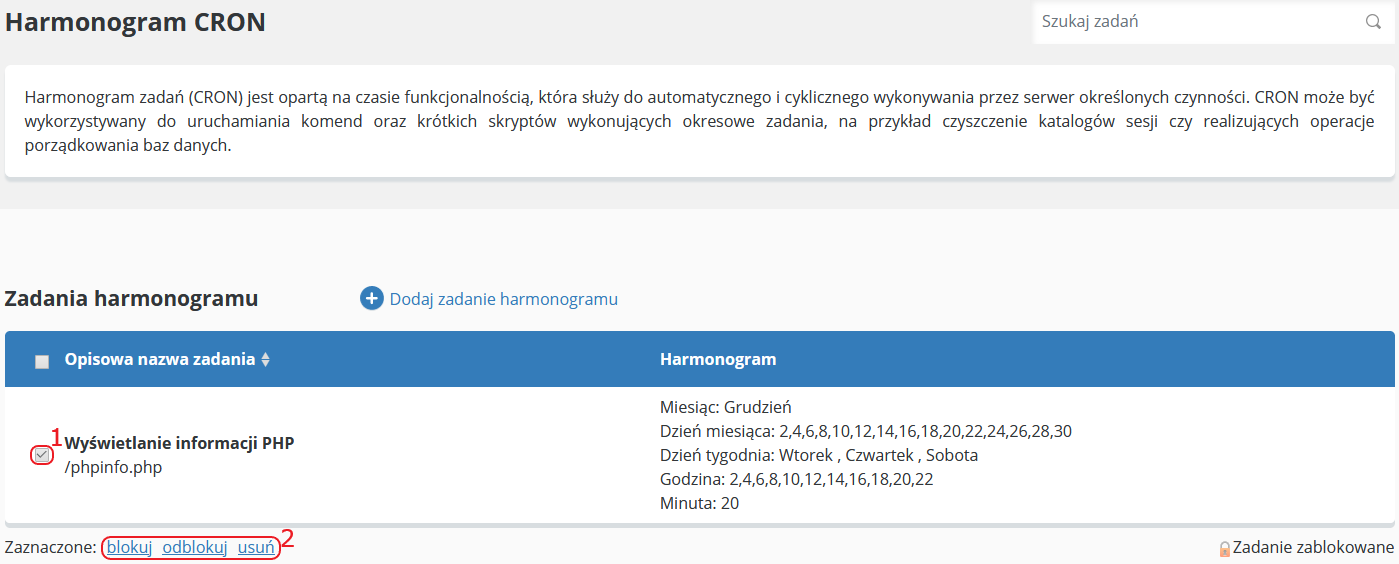 CloudHosting Panel ustawienia cron wykaz blokuj odblokuj usun