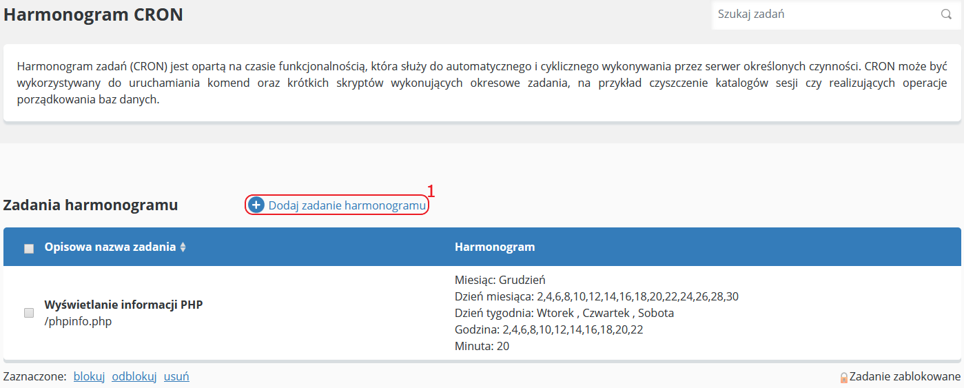 CloudHosting Panel ustawienia cron wykaz dodaj zadanie