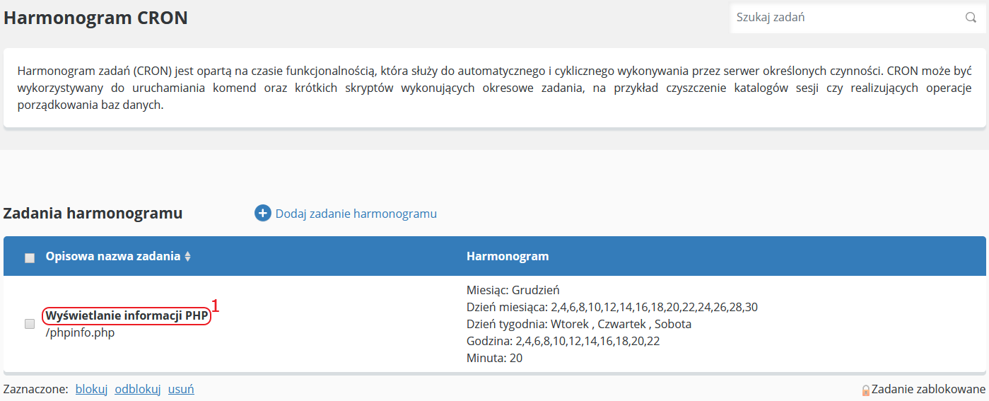 CloudHosting Panel ustawienia cron wykaz kliknij